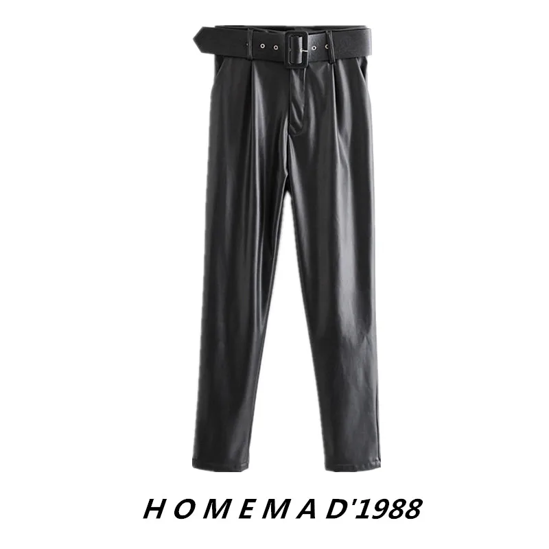 

Women's leather pants new European and American style high waist with handsome pants straight with belt nine points pants