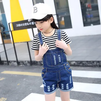 

Children Clothes Summer Cowboy Suspender Shorts Set T-shirt+Short Jeans 2pcs Teenage Girls Outfits Little Girl Casual Kids Suit