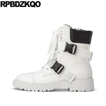 

white genuine leather military shoes motorcycle zipper lace up flat women ankle boots medium heel 2019 biker combat handmade