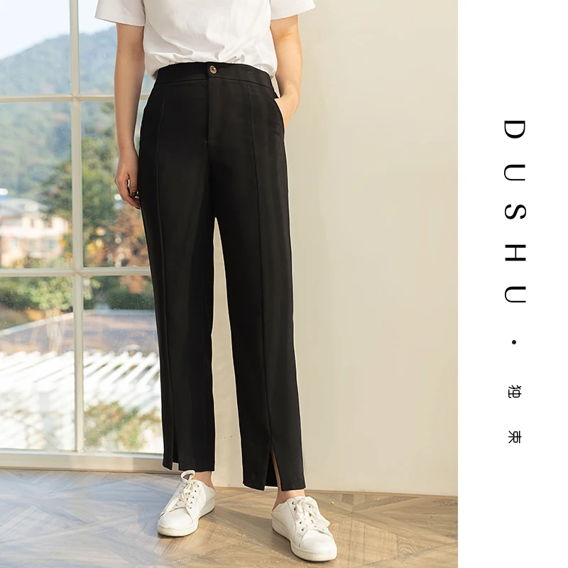 

DUSHU Sexy split loose black suit pants Women pleated casual white trousers Autumn winter elastic vintage pants capri plus size