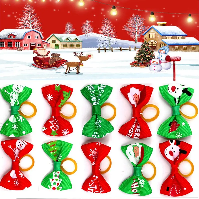 

10 Pcs Christmas Pet Dog Cat Assorted Rubber Bands Set Christmas Decoration Ornament Bowknot Headwear For Puppy Kitten