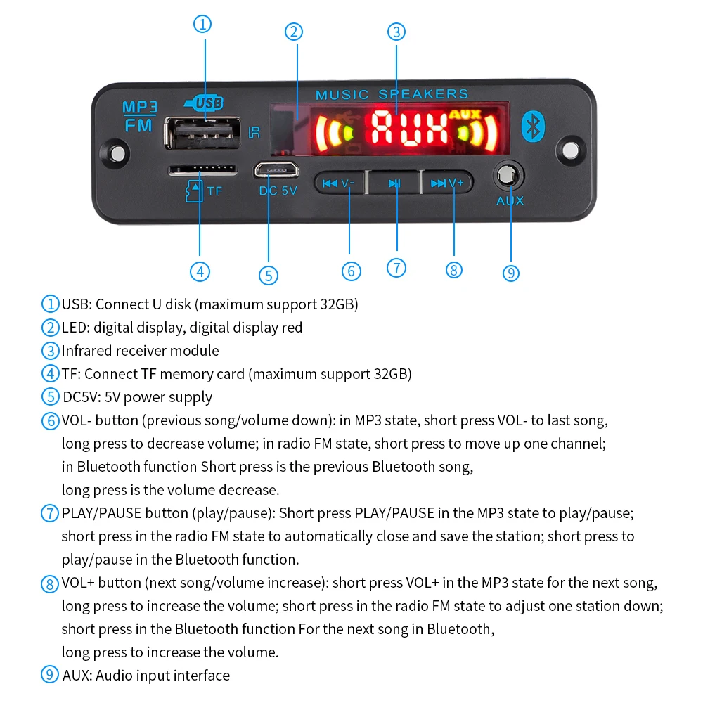 Wireless Bluetooth 5.0 Audio Decoder Board USB TF FM Radio Module DC 5V 12V Car MP3 Player Support MP3/WMA /WAV/FLAC/APE