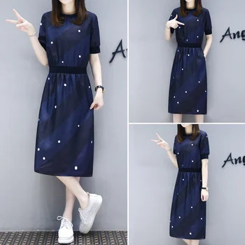 

European Products 2020 Summer New Waist Show Thin Medium Length Fashion Loose Large Print Chiffon Dress Women's Wear