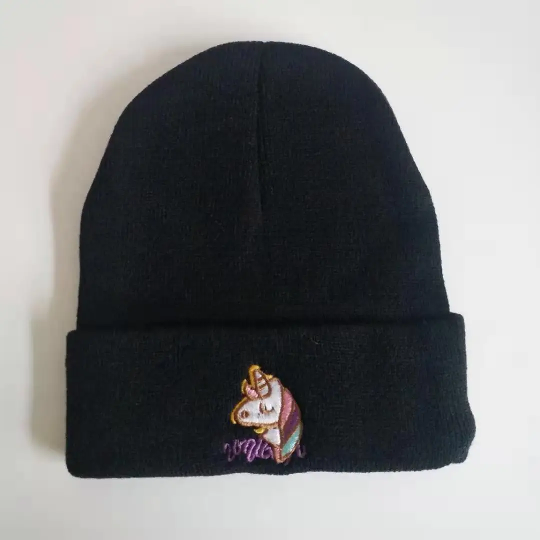 Зимняя вязаная шапка с вышитым единорогом из мультфильма для маленьких мальчиков и девочек, детская шапочка, шапка для новорожденных, шапка для малышей