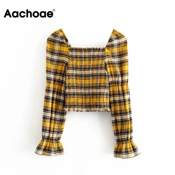 

Women Chic Plaid Blouse Butterfly Long Sleeve Sexy Bodycon Shirt Ladies Square Collar Streetwear Tops Mujer Stylish Blouse Blusa