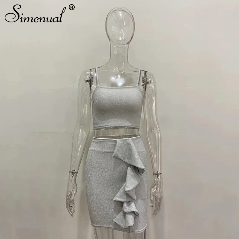 Simenual, блестящие оборки, горячие вечерние комплекты для женщин, сексуальный Модный Шелковый клубный костюм, майка без рукавов и юбка, комплект из двух предметов