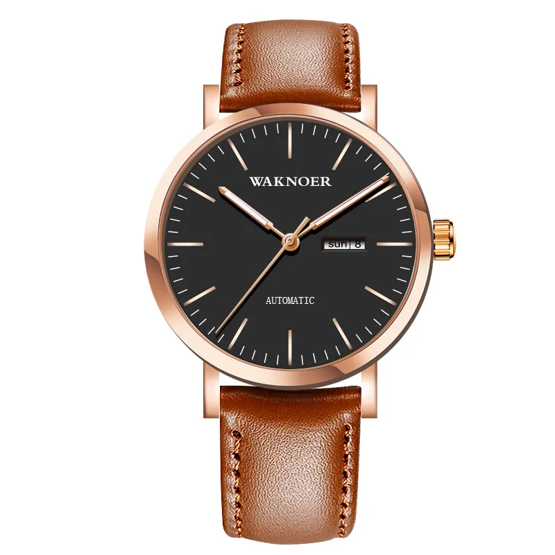 brown-rose gold Повседневные мужские механические часы с кожаным ремешком, простые наручные часы с двойным календарем, светящиеся мужские часы waknoer Masculino relogio hours - Цвет: brown-rose gold