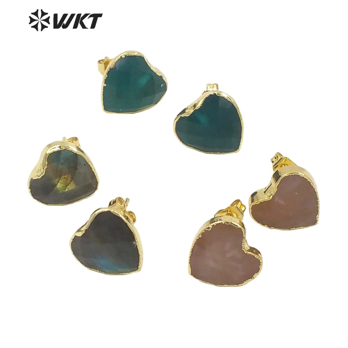 

WT-E649 Flashing Cute Gold Electroplated Heart Shape Natural Gem Stone Gorgeous Studs Earrings 2021 Hot Trend Christmas Gift
