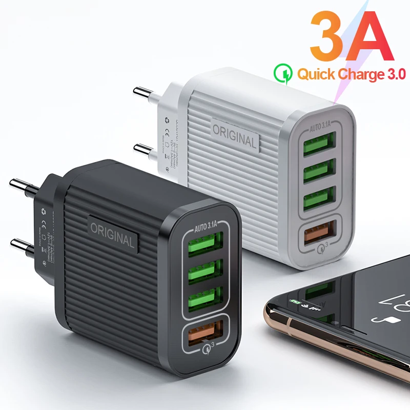 Быстрое зарядное устройство QC 3,0 Быстрая зарядка 4 порта USB настенное зарядное устройство адаптер ЕС мобильный телефон для iPhone huawei samsung Redmi Note 8 QC3.0