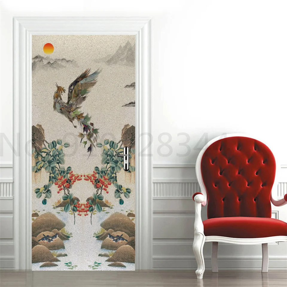 quarto, estilo chinês, pintura a tinta, cartaz, mural, ramos, pássaro, flores