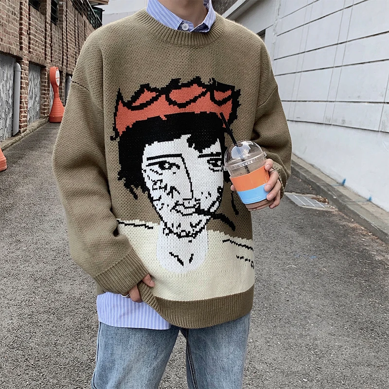 

Winter New Sweater Men Warm Fashion Cartoon Printing Casual O-neck Knit Pullover Man Loose Long-sleeved Sweater Male Clothes