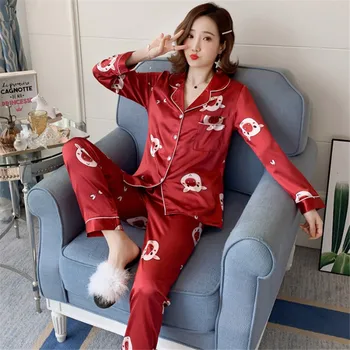 

2 Pieces silk Pajamas Set Women Turn-down Collar Long Sleeve Pyjama Suit Pijamas Satin Mujer Sleep Lingerie