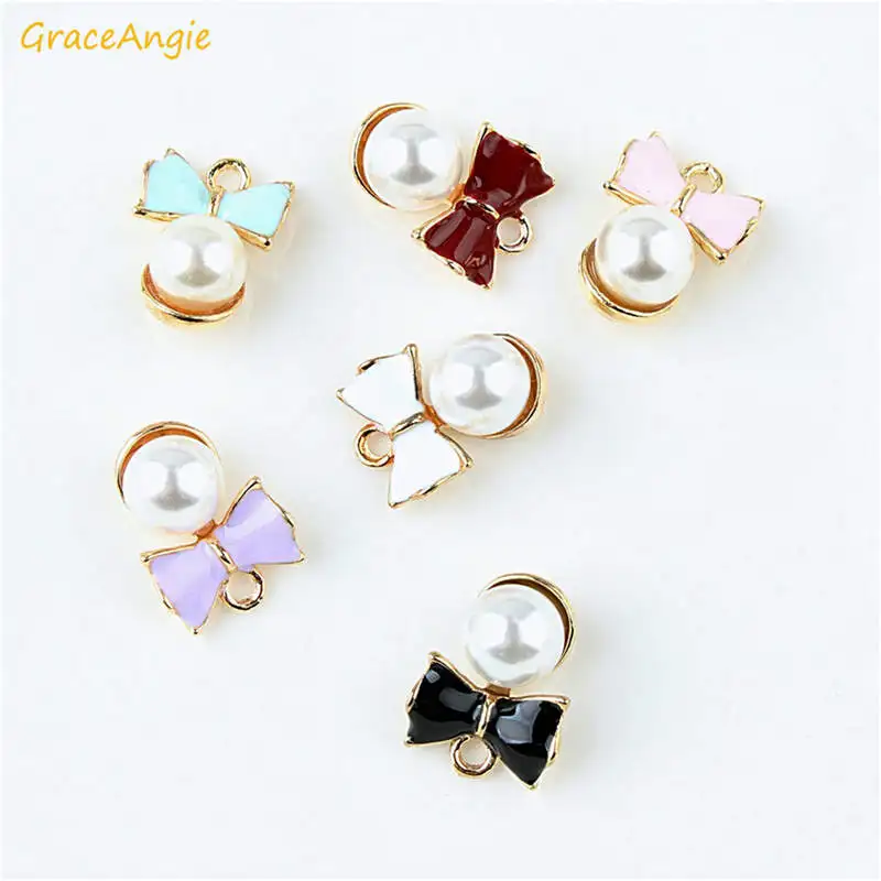 

GraceAngie 10pcs Enamel Alloy Bow Knot With Pearl Charms For Women Necklace Bracelet Pendants Jewelry Making Findings 15*19mm