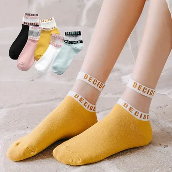 

5 pairs/lot Spring Summer Transparent Letter Patterned Socks Women Hollow Out Cotton Short Socks Thin Casual Breathable Socks