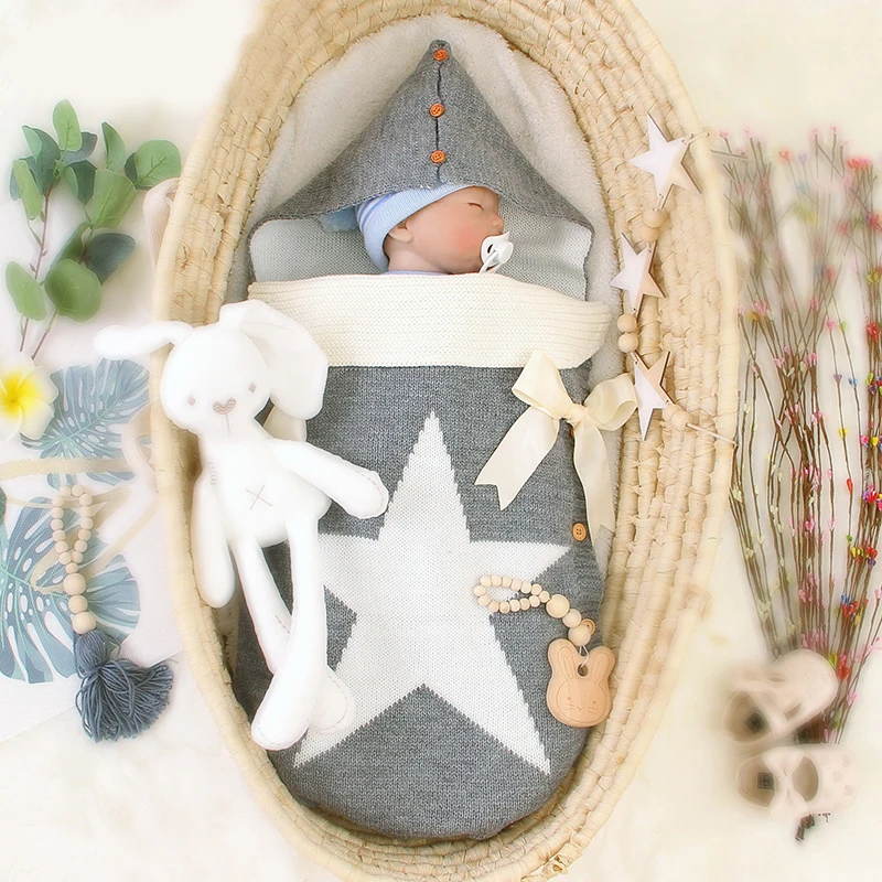 

Newborn Infant Baby Blanket Knit Button Star Crochet Four Seasons Warm Swaddle Wrap Sleeping Bags Stroller Accessories Blanket