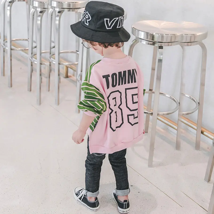 Pink Новые модные детские толстовки в полоску топы с длинными рукавами для маленьких мальчиков, свободный свитер неравномерной длины, осенне-зимняя одежда для маленьких мальчиков - Цвет: Pink