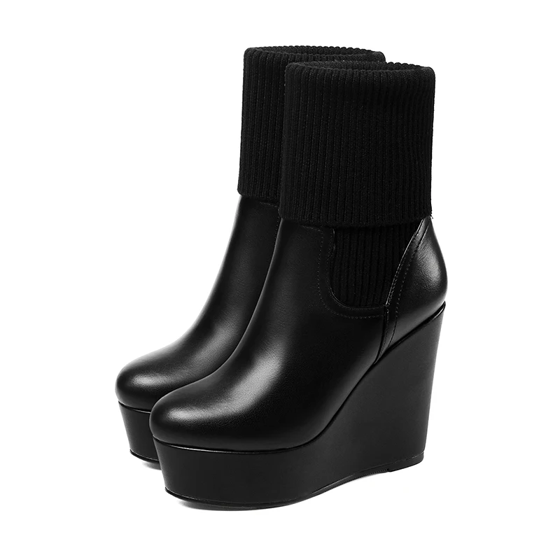EF7651 Black Leather Оригинальное предназначение, высокое качество, натуральная кожа, ботильоны на танкетке, женская зимняя обувь, круглый носок, высокая платформа, черный, белый цвет, повседневная обувь - Цвет: EF7651 Black Leather