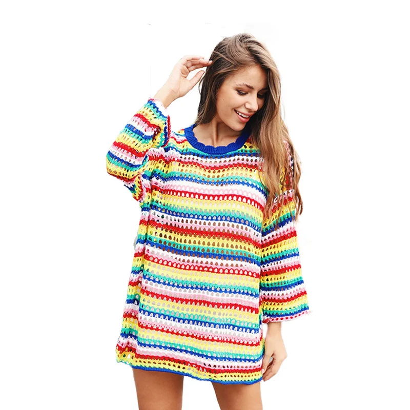 

New Women Sweaters and Pullovers Color Sweater Female Street O-neck Loose Mid-length Sweater Long Sleeve Women Knitted Sweater