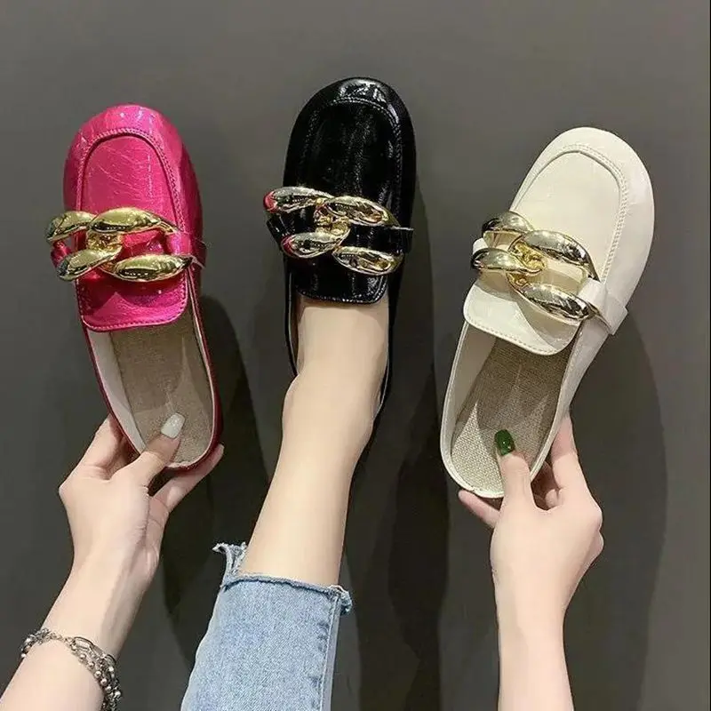 

Chain Baotou Sandals Women's Summer 2021 New Korean Version All-match Thick Bottom Flat Bottom Wearing Round Toe Half Drag