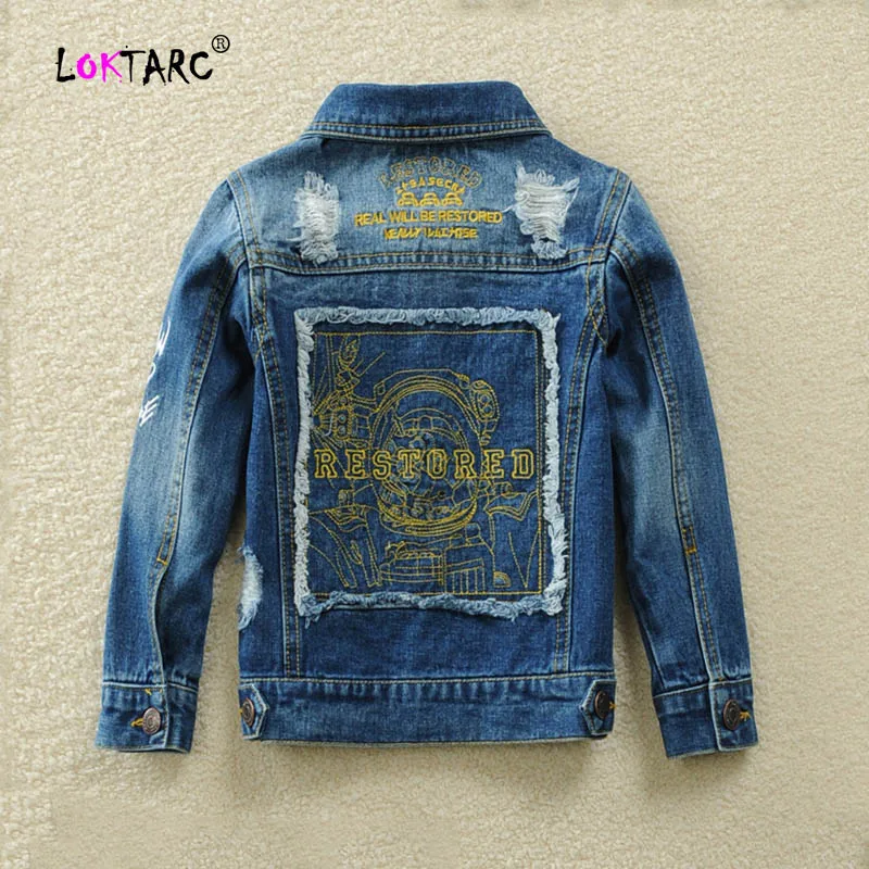 Embroidery LOKTARC/джинсовая куртка для мальчиков ясельного возраста; уличная ковбойская куртка с вышивкой в виде букв; детская верхняя одежда; детские джинсовые куртки - Цвет: Embroidery