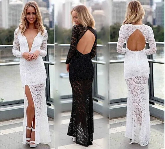 Вечернее платье vestido de renda, новые модные сексуальные вечерние кружевные платья с v-образным вырезом на спине и длинным рукавом для выпускного вечера,, Платья для подружек невесты