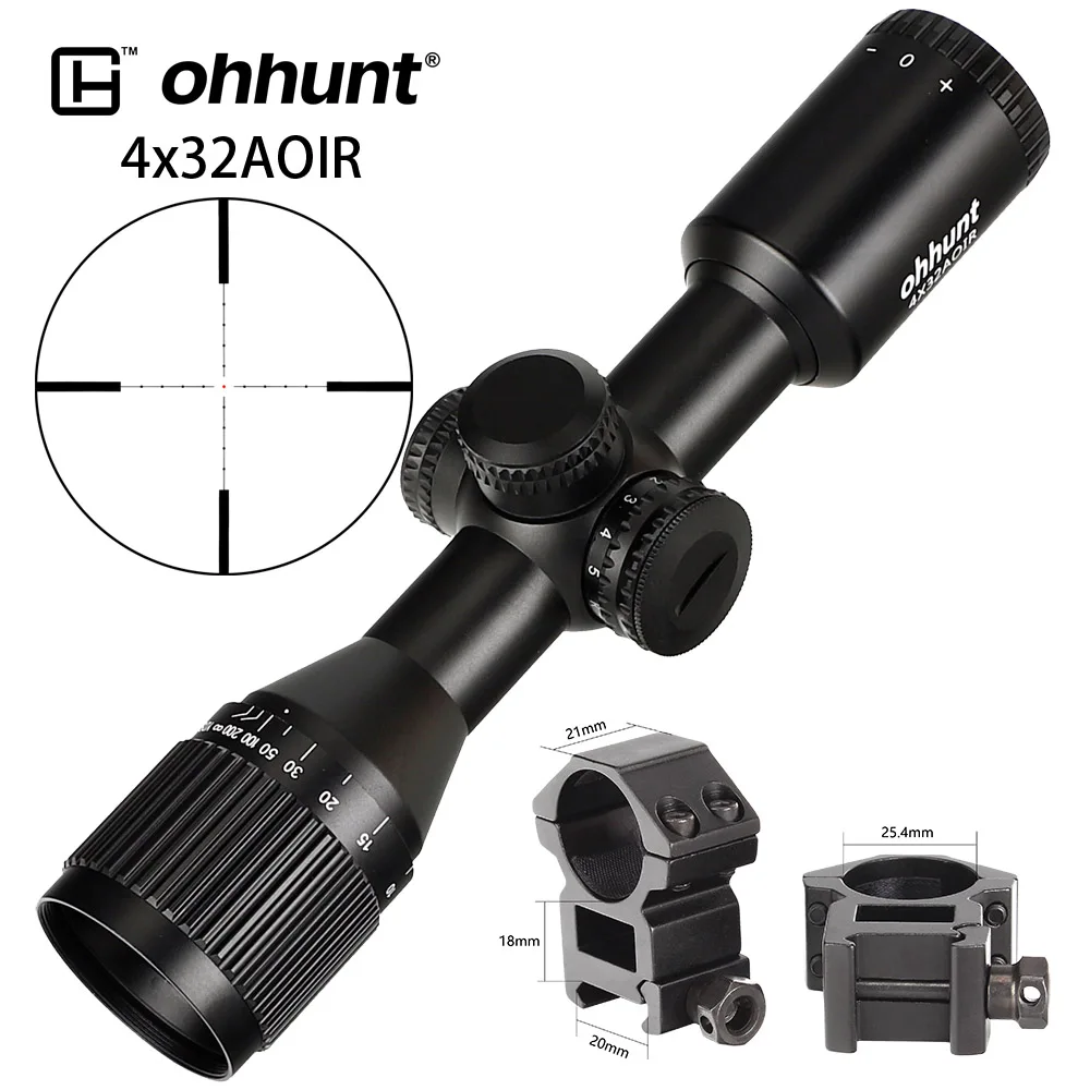 with Picatinny Rings Охота ohhunt 4X32 AOIR Компактный Тактический широкий угол оптические прицелы Mil точка с подсветкой Стекло гравированная сетка Оптика прицел - Цвет: with Picatinny Rings