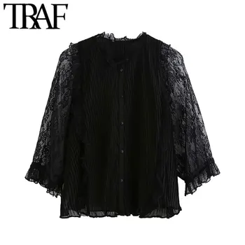 

TRAF Women Vintage Stylish Lace Patchwork Ruffles Blouses Fashion See Through Three Quarter Sleeve Female Shirts Blusa Chic Tops