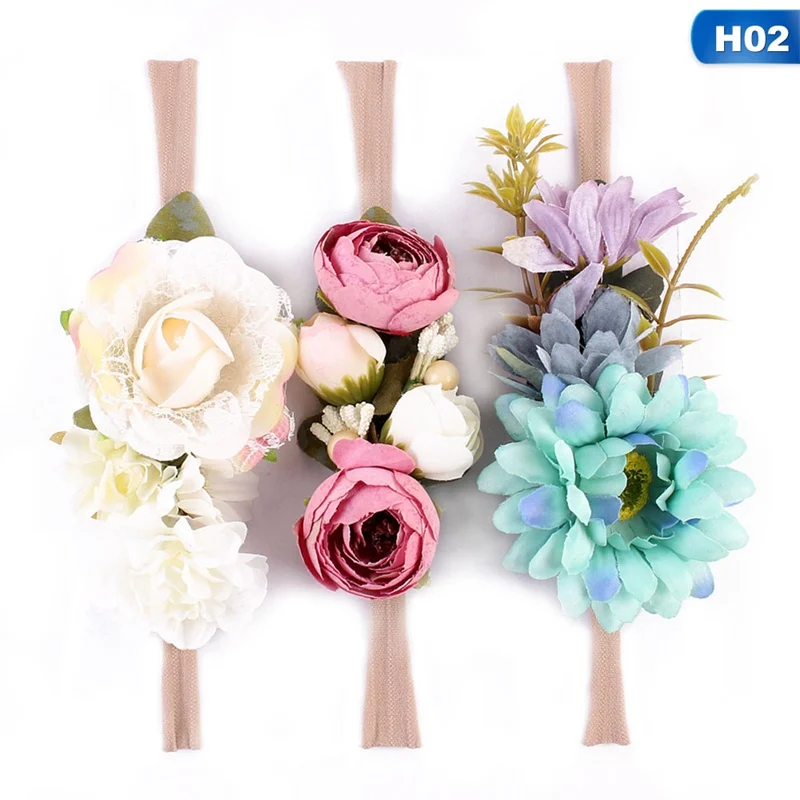 3PCS Baby Girls Artificial Flower Headband Elastic Nylon Ribbon Newborn Hairband Birthday Party Gift Headwear Set - Цвет: H02