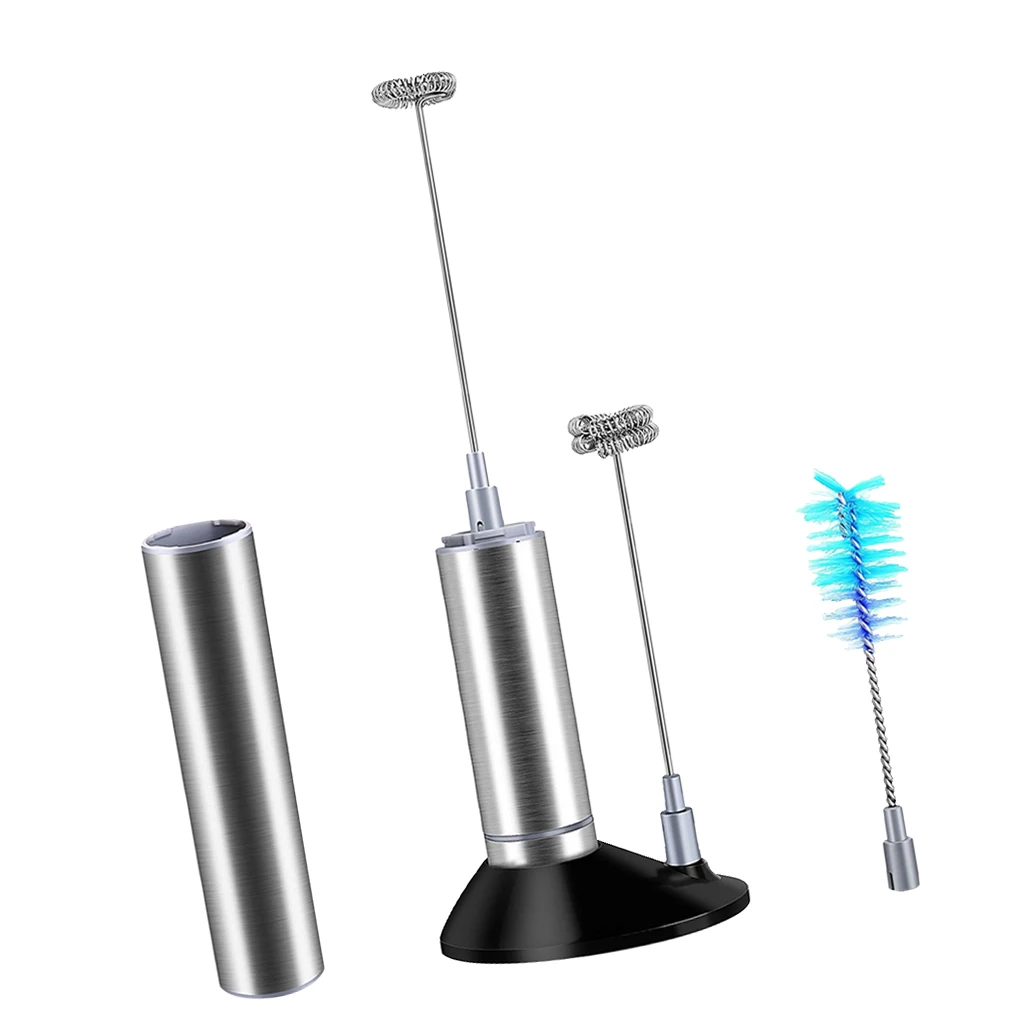 Handheld Electric Milk Frother with Single Double Whisk Head & Cleaning Brush