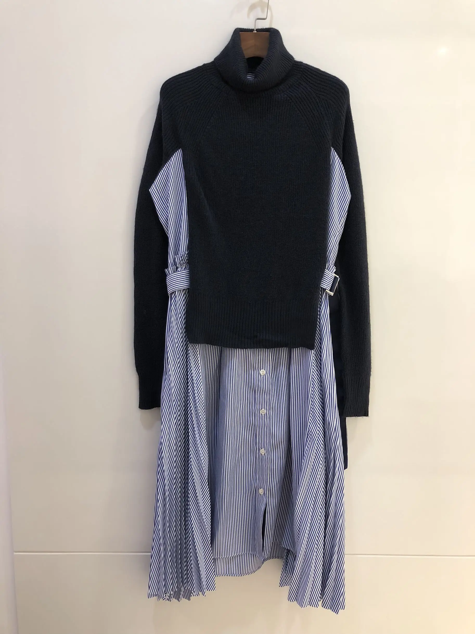 2019FW высококачественное женское Шерстяное вязаное лоскутное гофрированное Платье женское повседневное водолазка с длинными рукавами 3 цвета пачка