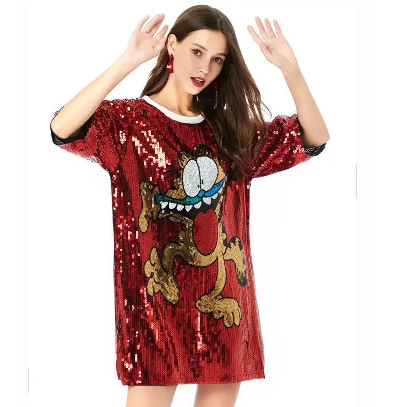 Plus Size Casual Straight Embroidery Cartoon Short Sleeve Sequined Patchwork Black Red Mini O-neck Party Sexy Cocktail Dress - Цвет: red