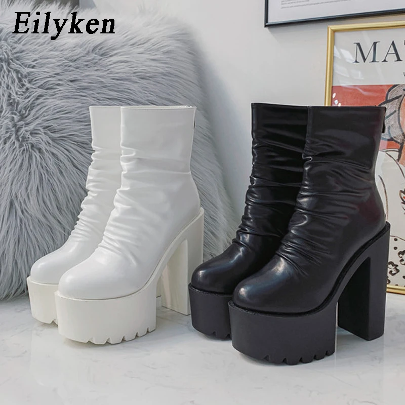 EilyKen/ г., новые зимние ботинки из искусственной кожи на высоком каблуке для отдыха женская обувь на молнии на платформе Рок-сапоги для верховой езды