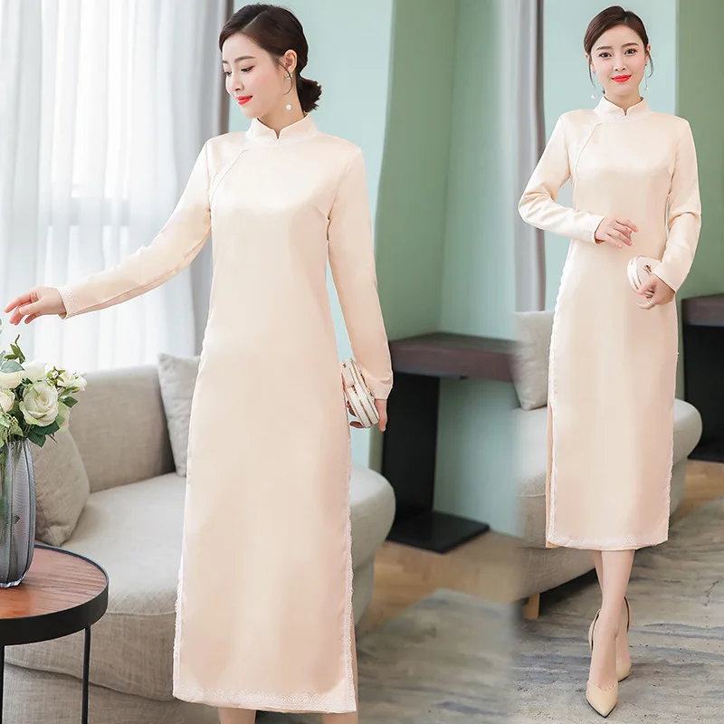 

2019 Early Spring WOMEN'S Dress Chinese-style Retro Fresh Lace Slit Improved Cheongsam Dress-