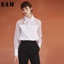 [EAM] Женская облегающая блузка с бантом, новая свободная рубашка с отворотом и длинным рукавом, модная весенняя Осенняя 1B147