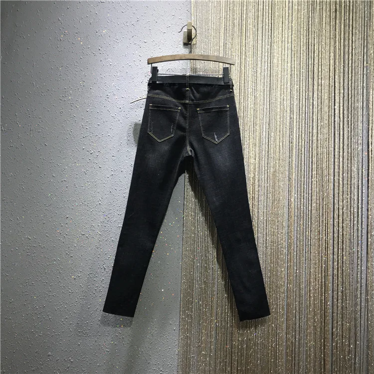 Европейская Новая Осенняя женская вертикальная глажка сверла тонкие черные джинсы брюки стрейч облегающие джинсовые брюки узкие брюки