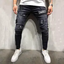 Новинка, мужские Модные джинсы с дырками, тонкие хип-хоп мужские джинсы