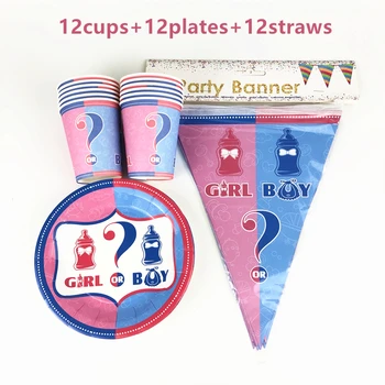 

36Pcs Boy Or Girl Theme Baby Shower Tableware Gender Reveal Birthday Party Paper Cup Plate flags Decorations Supplies