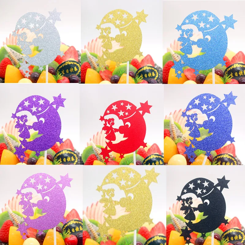 1pc Moon Star Angel Cake Toppers Birthday Cake Flag Glitter Cake Topper Baby Shower Birthday Wedding Party Cake Baking Decor