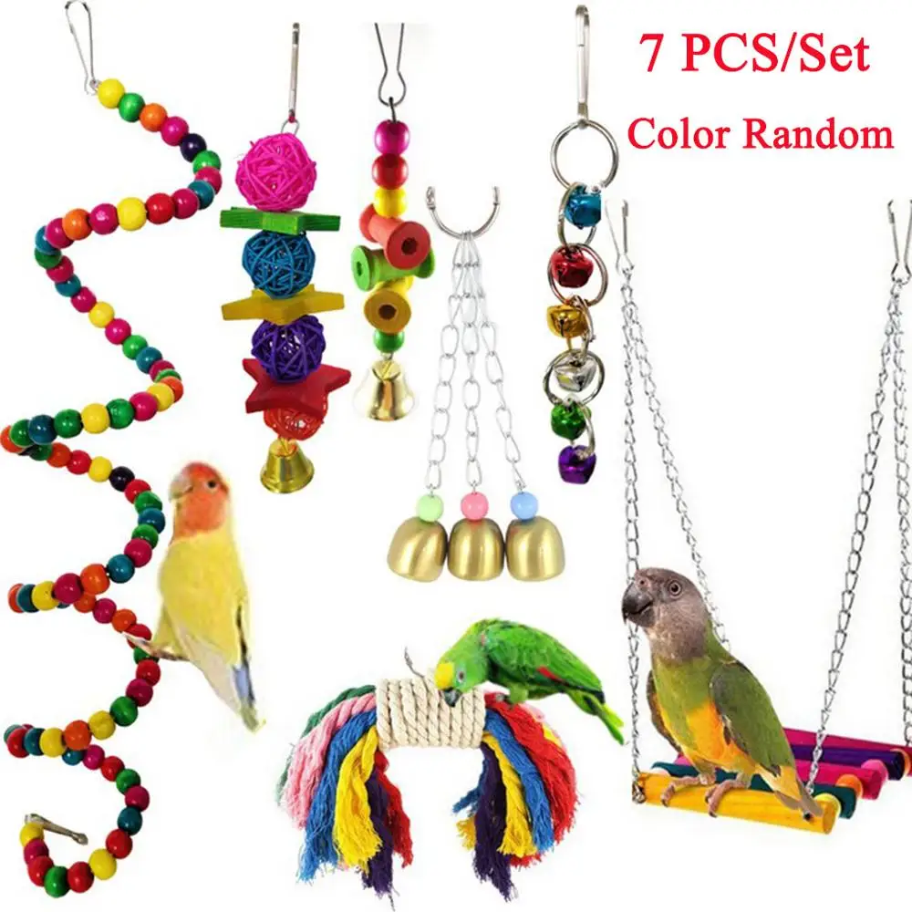 Cute 7 unids/set loro pájaros juguete Kit columpio campanas colgantes accesorios de puente de madera pájaro juguete de pie de entrenamiento herramienta para mascotas