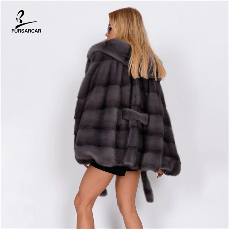 FURSARCAR/ Горячая Распродажа, женская Настоящая норка, накидка для женщин, Зимний натуральный мех, шаль, модное роскошное Женское пальто с капюшоном из натурального меха