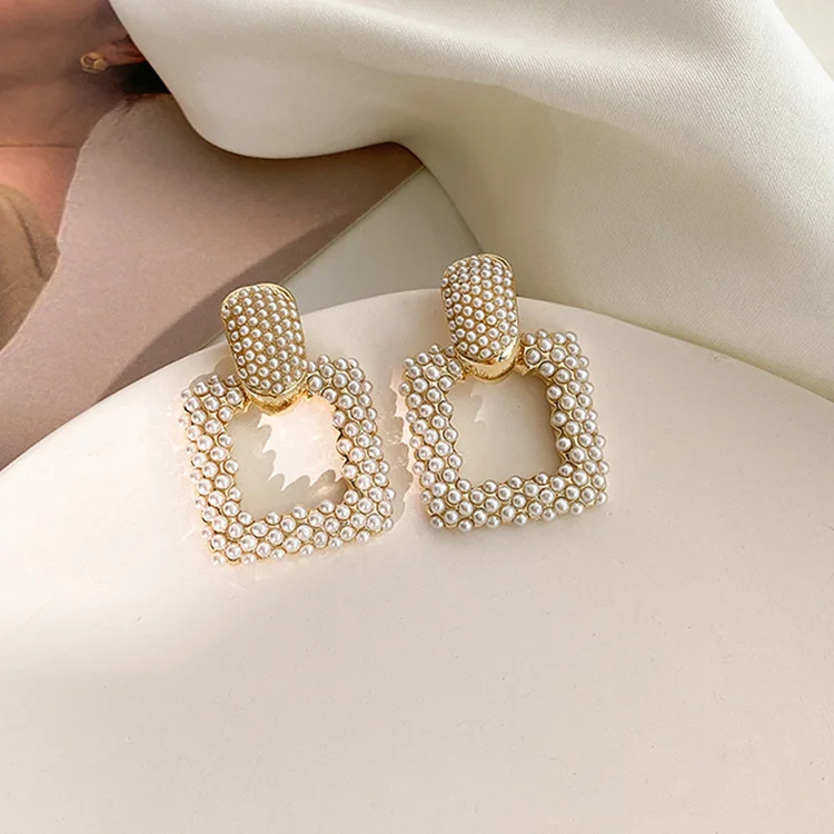 Drop Earrings Fashion Sweet Pearl Joker Senior Drop Earrings Elegant Contracted Geometric Square Senior Women