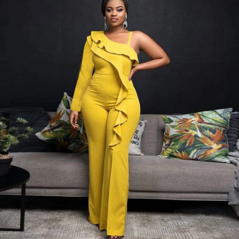 Women Jumpsuits One Shoulder Ruffle Elegant Ladies Yellow Black One