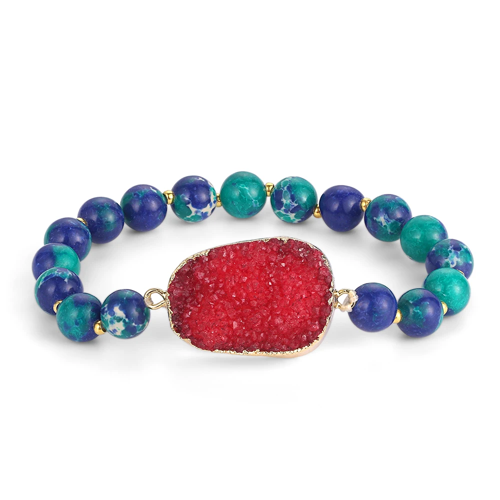 Браслеты ShinyGem Yoga с натуральным камнем 8 мм синий зеленый морской осадочный Jaspers браслеты из бисера золотые браслеты ручной работы для женщин - Окраска металла: Red Druzy