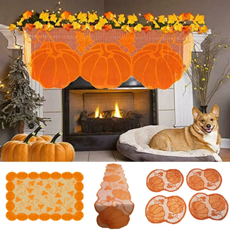 

Thanksgiving Halloween Lace Fireplace Cloth Table Runner Table Cloth Pumpkin Maple Leaf Mantel Scarf Home Party Decor Set