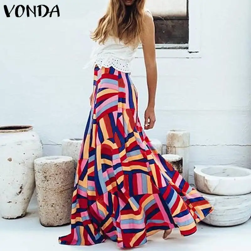 VONDA largas estampadas para Faldas largas de cintura alta, Maxi, informales, holgadas, fiesta, para Otoño y playa|Faldas| - AliExpress