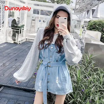 

Boyfriend Style Hoodie Dress 2020 Autumn New Arrival Loose Cotton Denim Patchwork Ripped Hole Jeans Dress Long Sleeve vestido