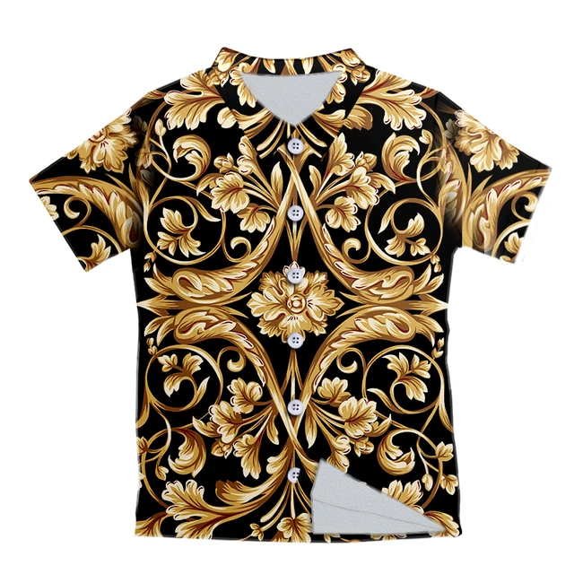 UJWI Men's Gold Flower Luxury Royal Baroque Print Shirts Casual Button Down Short Sleeve Hawaiian Shirt Beach Holiday Tops