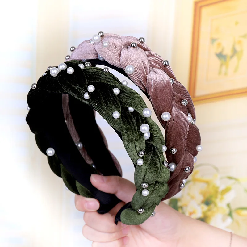 Модный бархатный обруч жемчужный женский модный массивная резинка для волос черный розовый аксессуары для волос Корейский скрученный узел Новое поступление