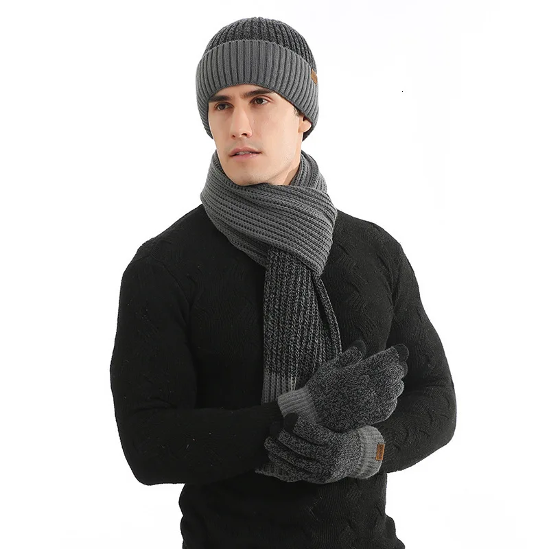 Мужская Зимняя Шапка-бини, шарф и перчатки с сенсорным экраном, комплект из 3 предметов, теплый вязаный комплект для зимы, вязаная Лыжная вязаная шапка - Цвет: Color 7