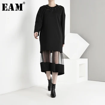 

[EAM] Women Black Mesh Split Joint Two Piece Dress New Round Neck Long Sleeve Loose Fit Fashion Tide Spring Autumn 2020 JO2660